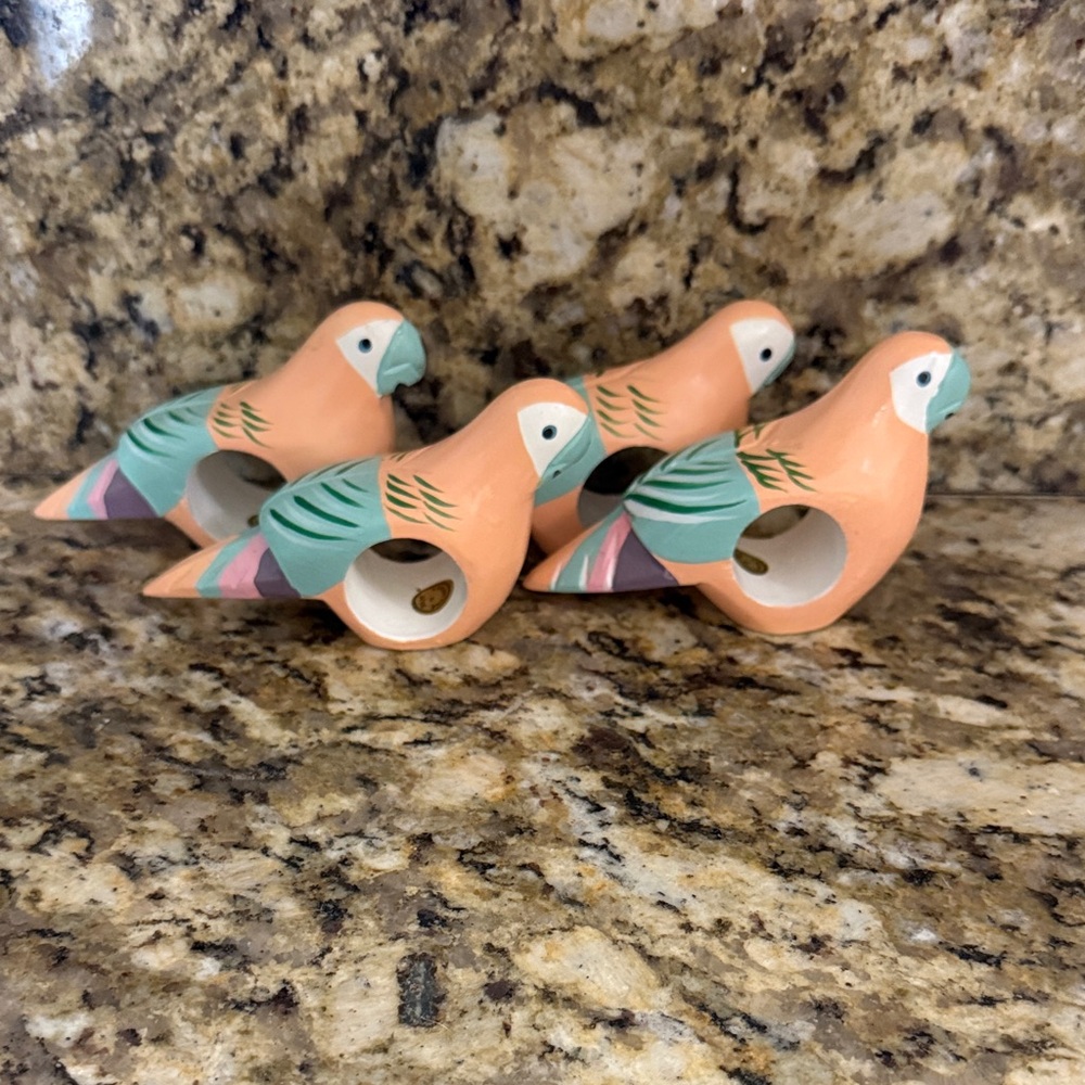 Vintage Pastel Peach Parrot Wooden Napkin Rings  (Set of 4)
